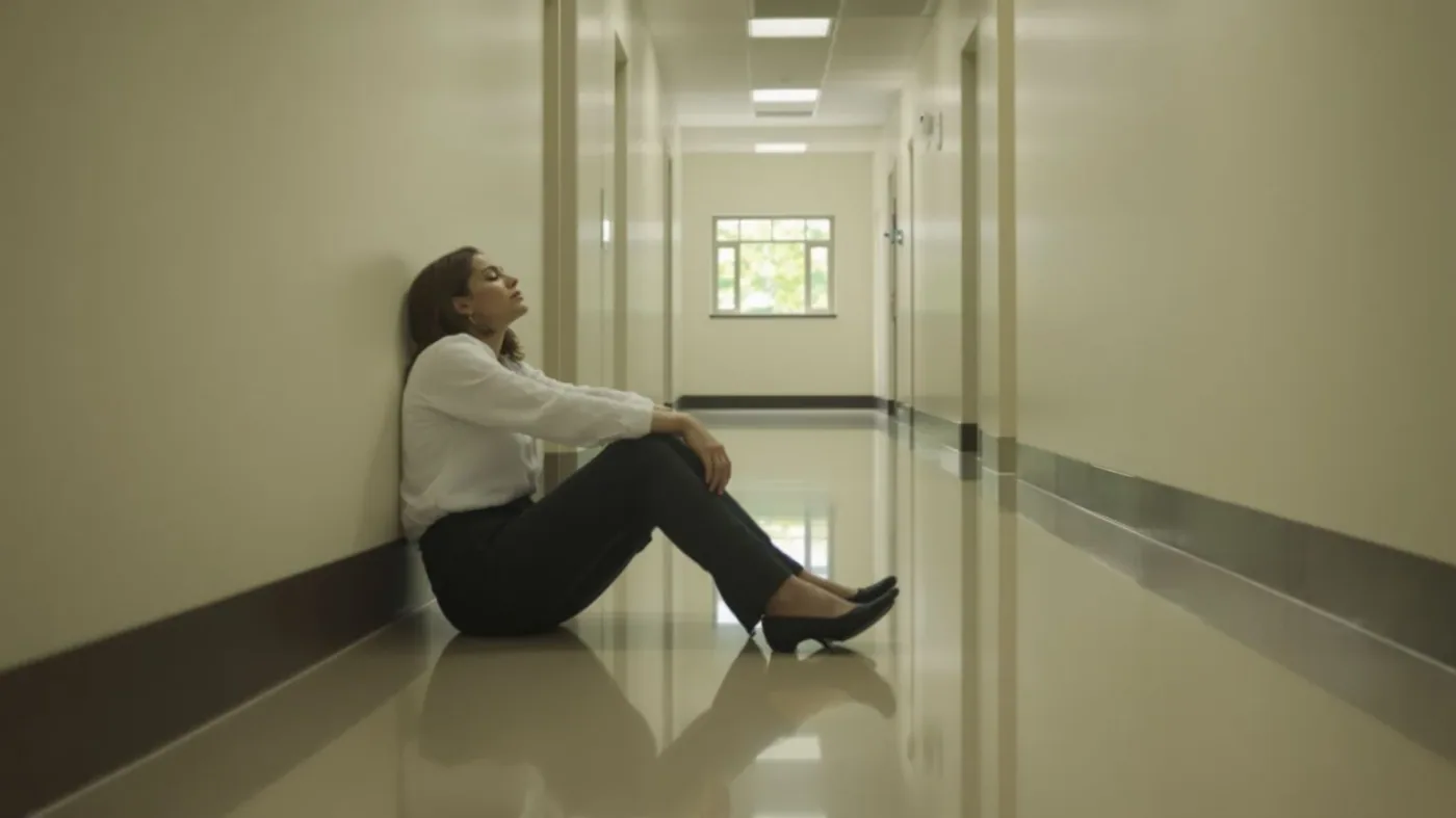 Woman in professional clothes sitting on hallway floor during recovery from burnout, eyes closed in deliberate rest