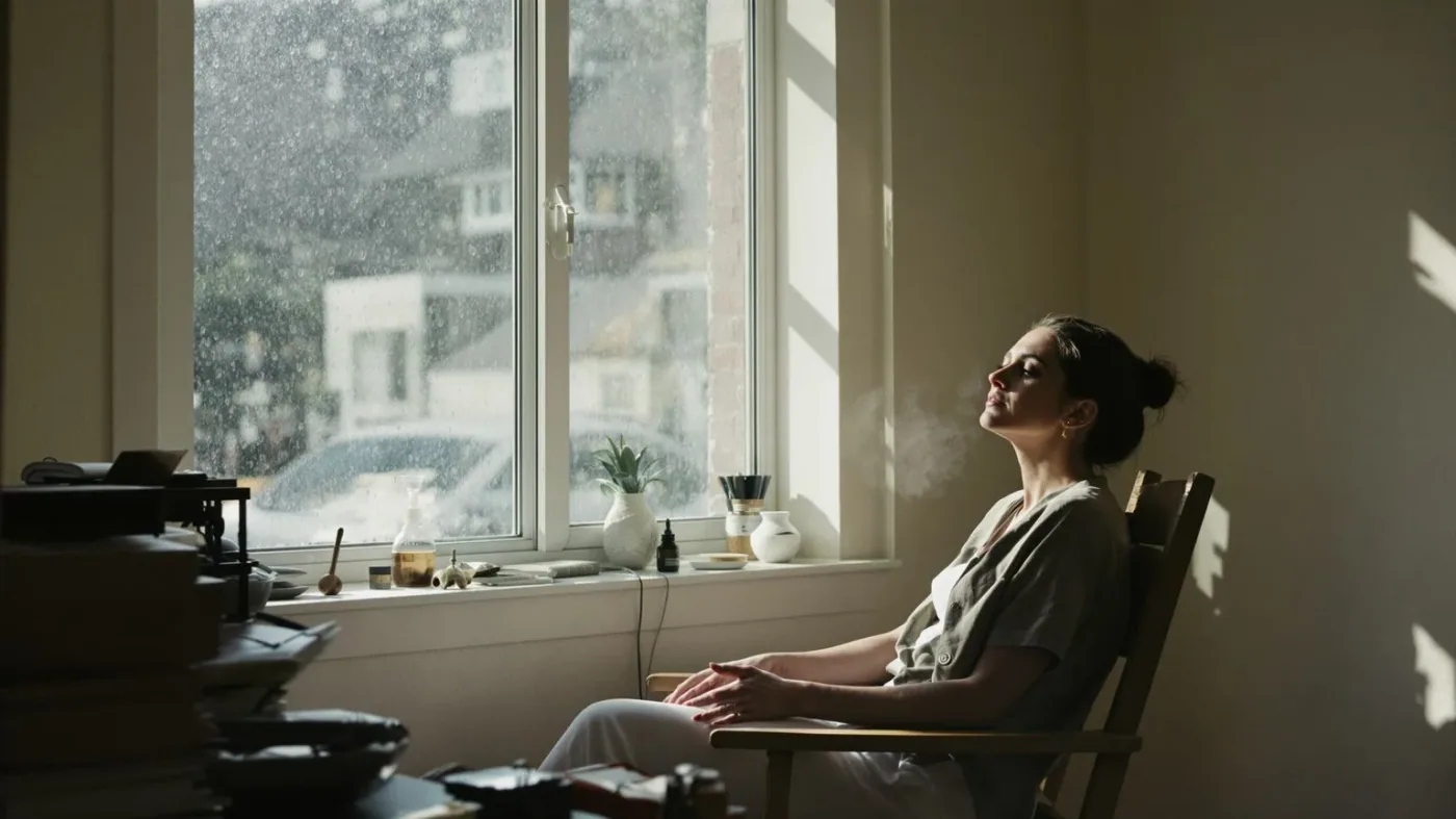 Woman leaning back at desk with open hands and soft jaw, the loop of fear easing toward safety