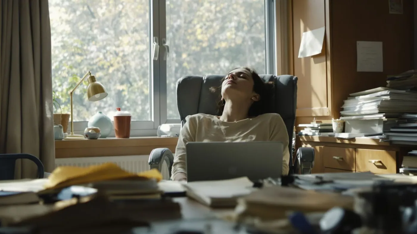 Woman leaning back exhausted at desk with eyes closed showing why burnout recovery takes longer than expected