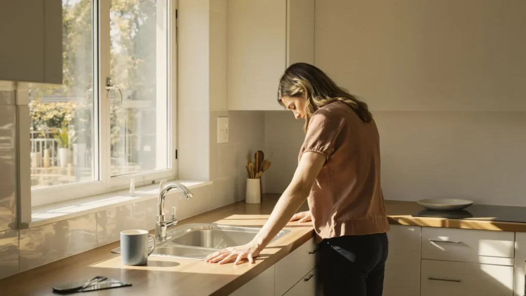 Woman learning how to be real with people pausing alone in sunlit kitchen with shoulders dropping in quiet release