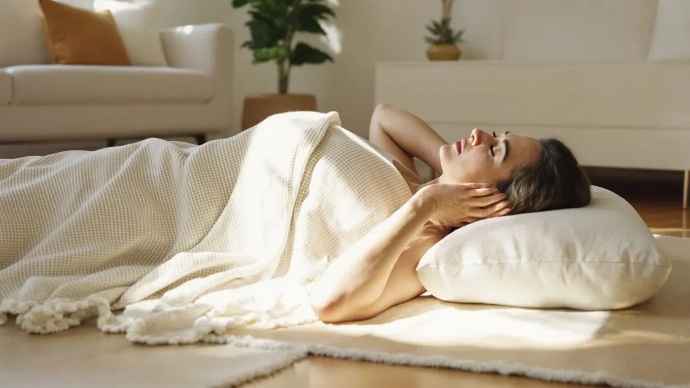 Woman lying on living room floor with palms down during a 12-minute reset for feeling emotionally unsafe