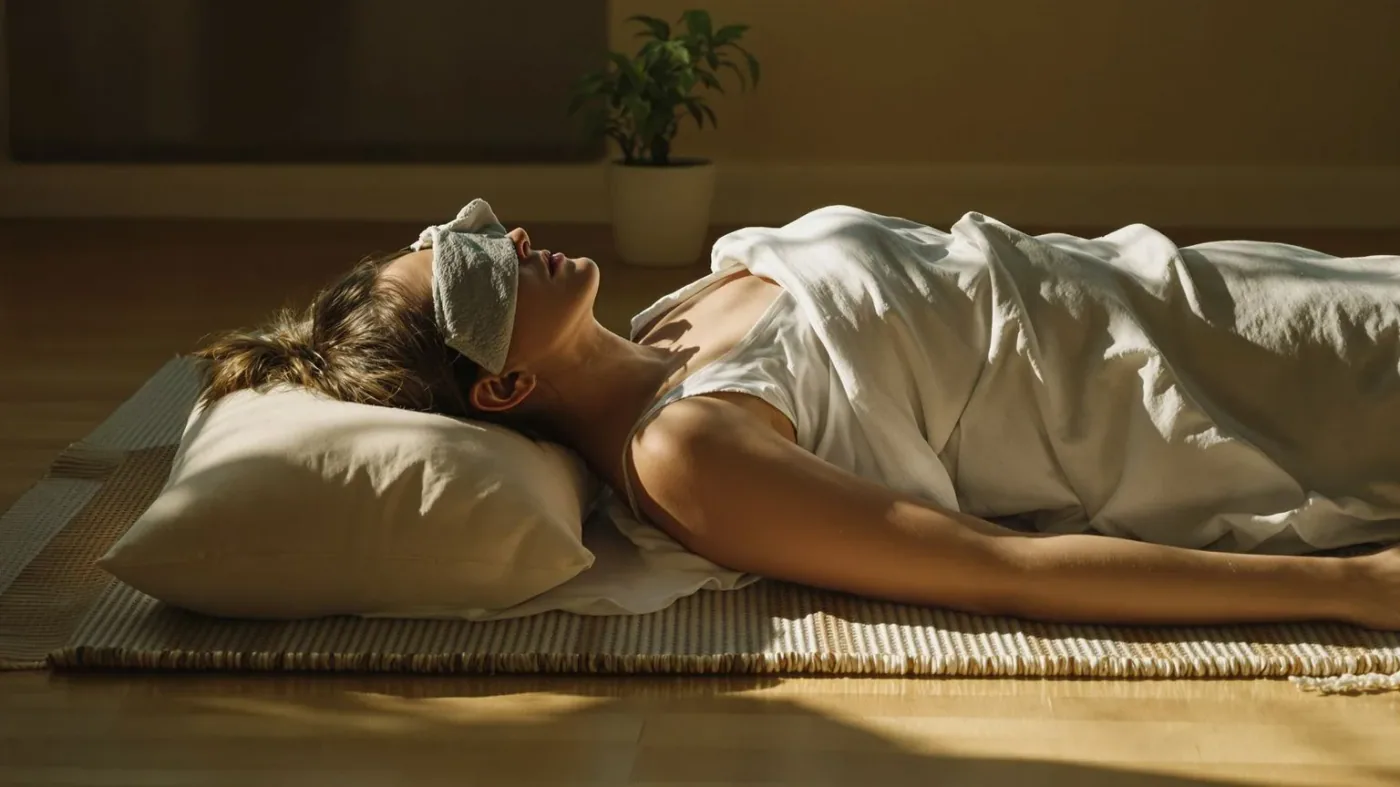 Woman lying on mat with palms down practicing emotional release for signs of emotional suppression