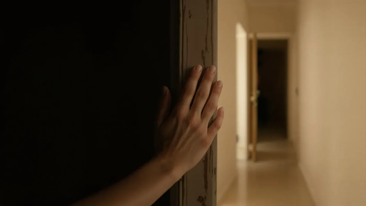 Woman pausing at doorway with hand on frame showing what changes after one honest repetition of connection