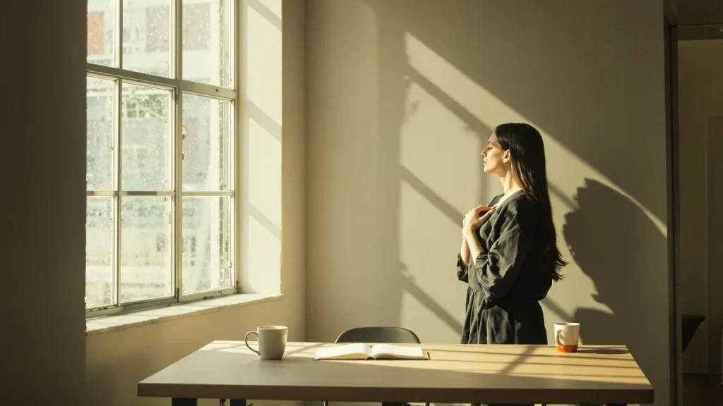 Woman practicing emotional energy healing by listening to her body at a sunlit standing desk