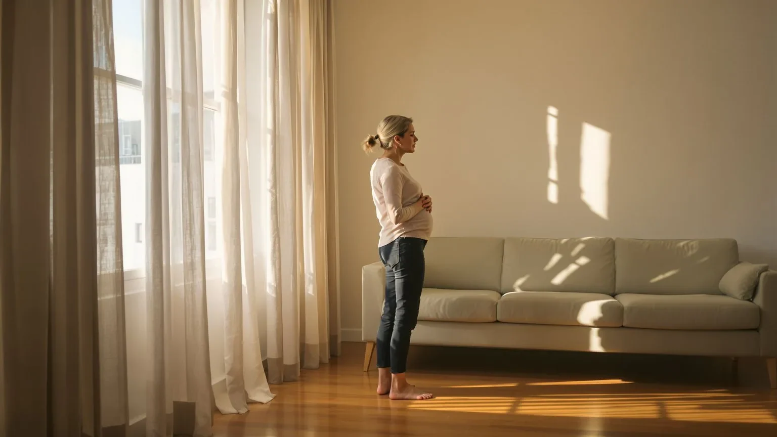 Woman practicing emotional release technique with hand on ribcage in sunlit living room