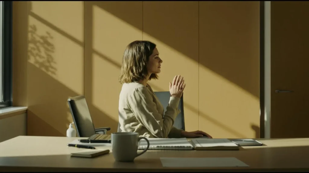 Woman sitting alone at bright desk feeling like nobody cares about me, shoulders drawn inward despite sunlit workspace