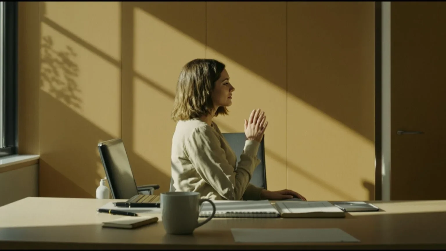 Woman sitting alone at bright desk feeling like nobody cares about me, shoulders drawn inward despite sunlit workspace