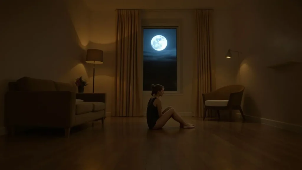 Woman sitting alone on hardwood floor at night wondering why do i feel empty in a quiet dimly lit room