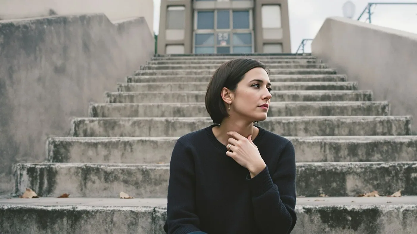 Woman sitting on concrete steps with hand near throat in natural light, pathway descending, emotional numbness shifting toward release