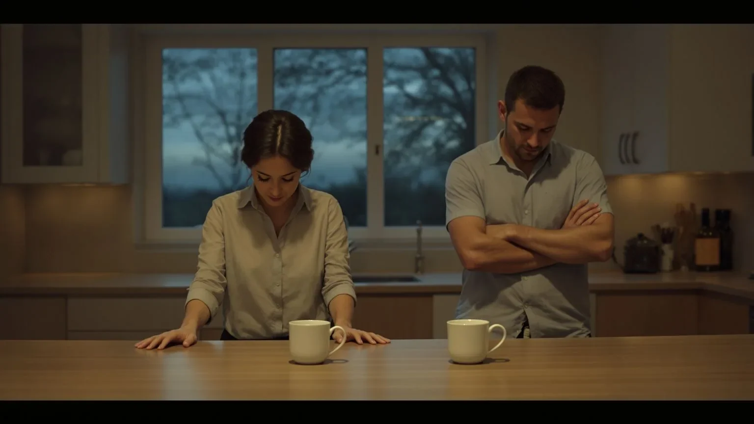 Woman standing alone in dim kitchen with untouched mugs showing emotional validation examples through body language