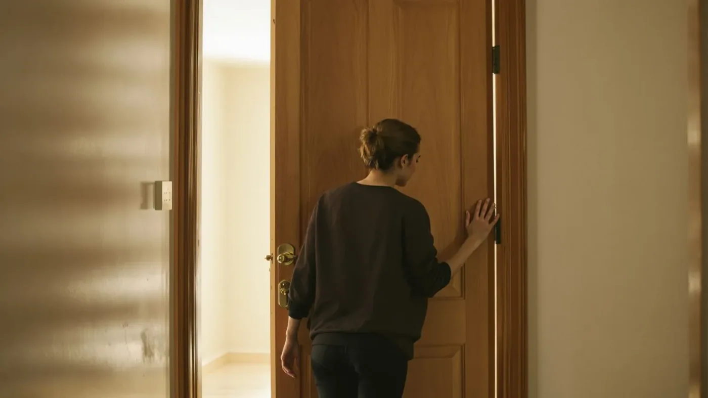 Woman standing at open doorway threshold showing what shifts after one honest step toward connection