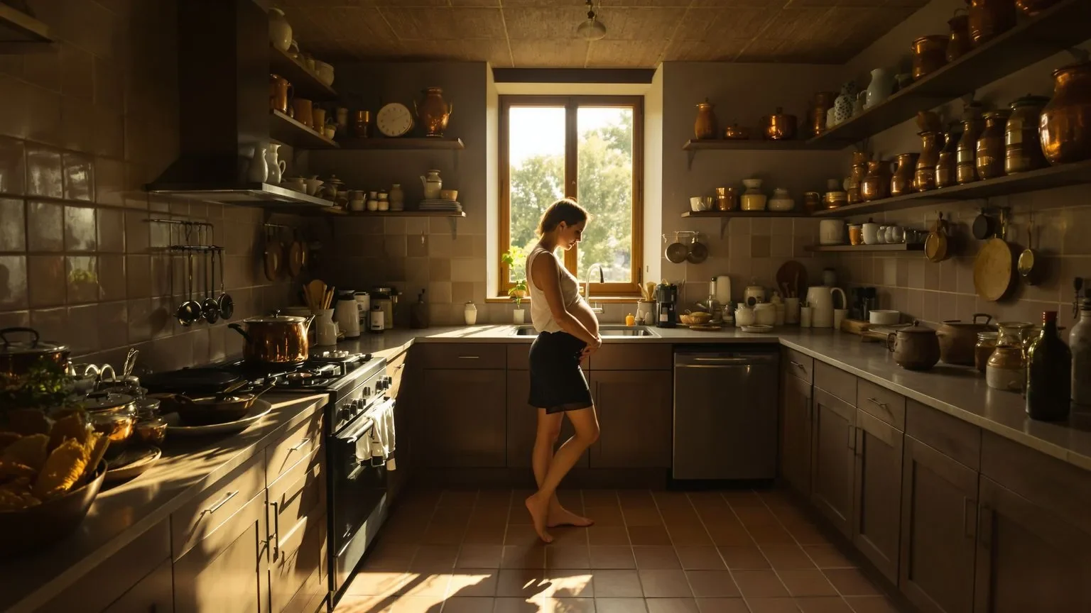 Woman standing in sunlit kitchen with arms across her body, capturing the tension of feeling safe for the first time