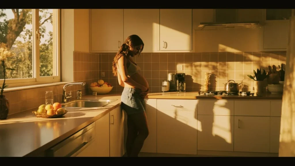 Woman standing in sunlit kitchen with hand on stomach, pausing in a moment related to somatic eating awareness