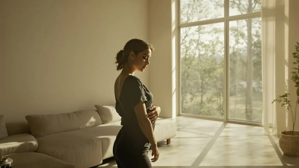 Woman standing in sunlit living room with hand on ribcage exploring yoga somatic body awareness