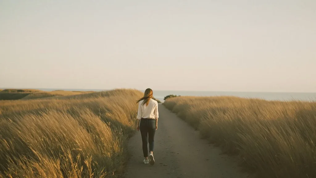 Woman standing on coastal bluff path at golden hour, body guarded, illustrating why am I afraid of being vulnerable