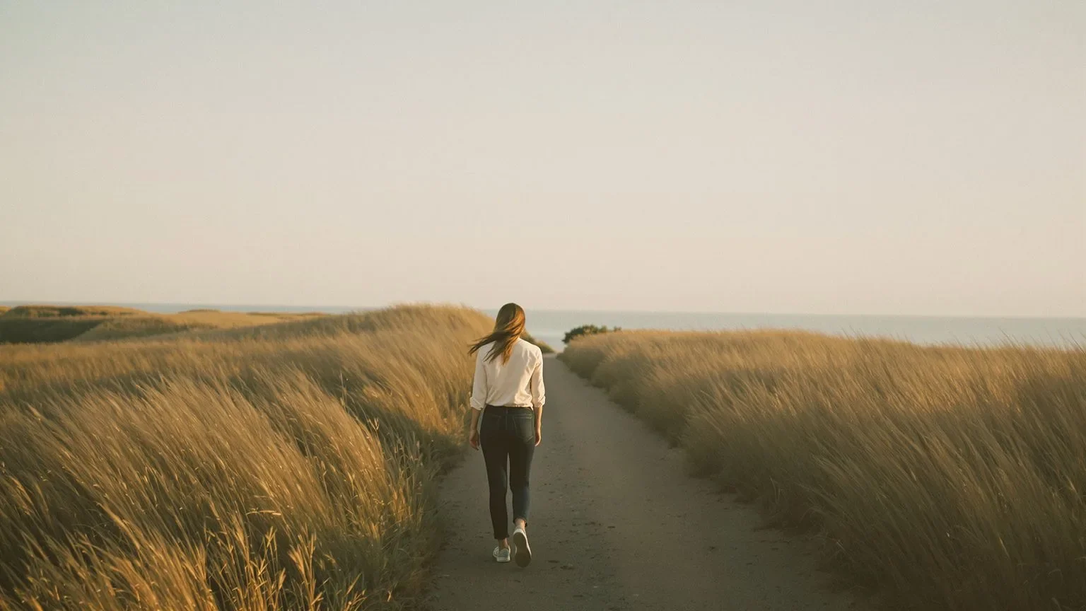 Woman standing on coastal bluff path at golden hour, body guarded, illustrating why am I afraid of being vulnerable