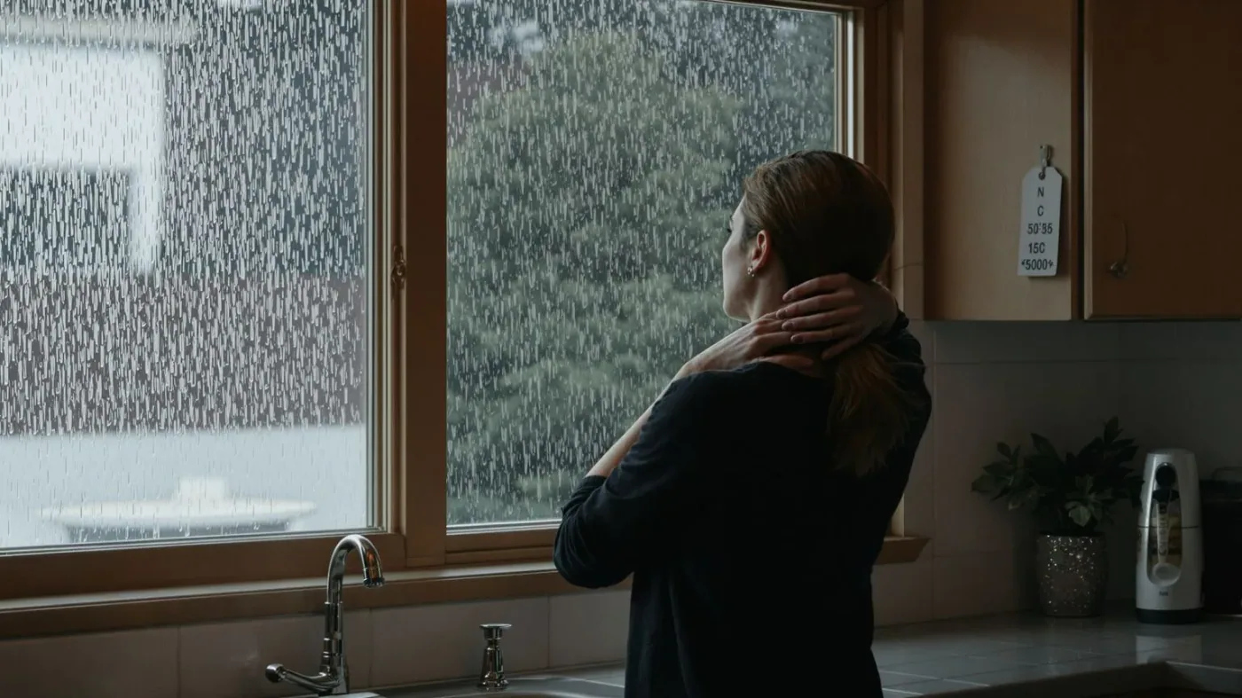 Woman touching her neck at rain-streaked window as body reports unfinished emotional experience