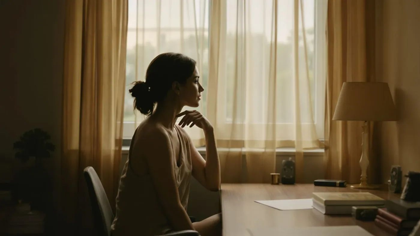 Woman touching her throat while sitting at desk looking toward open window in warm evening light