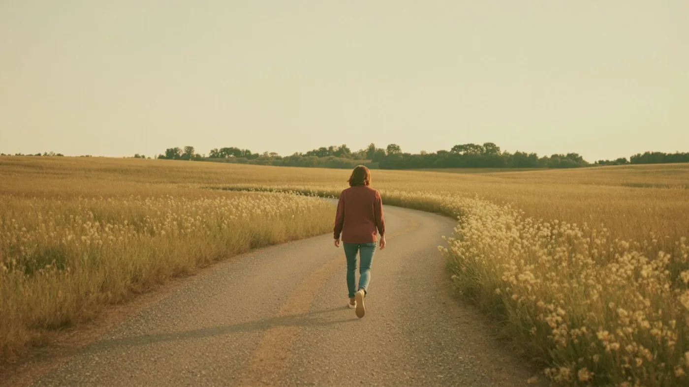 Woman walking along curved gravel path through open meadow with relaxed shoulders, what changes after addressing feeling misunderstood