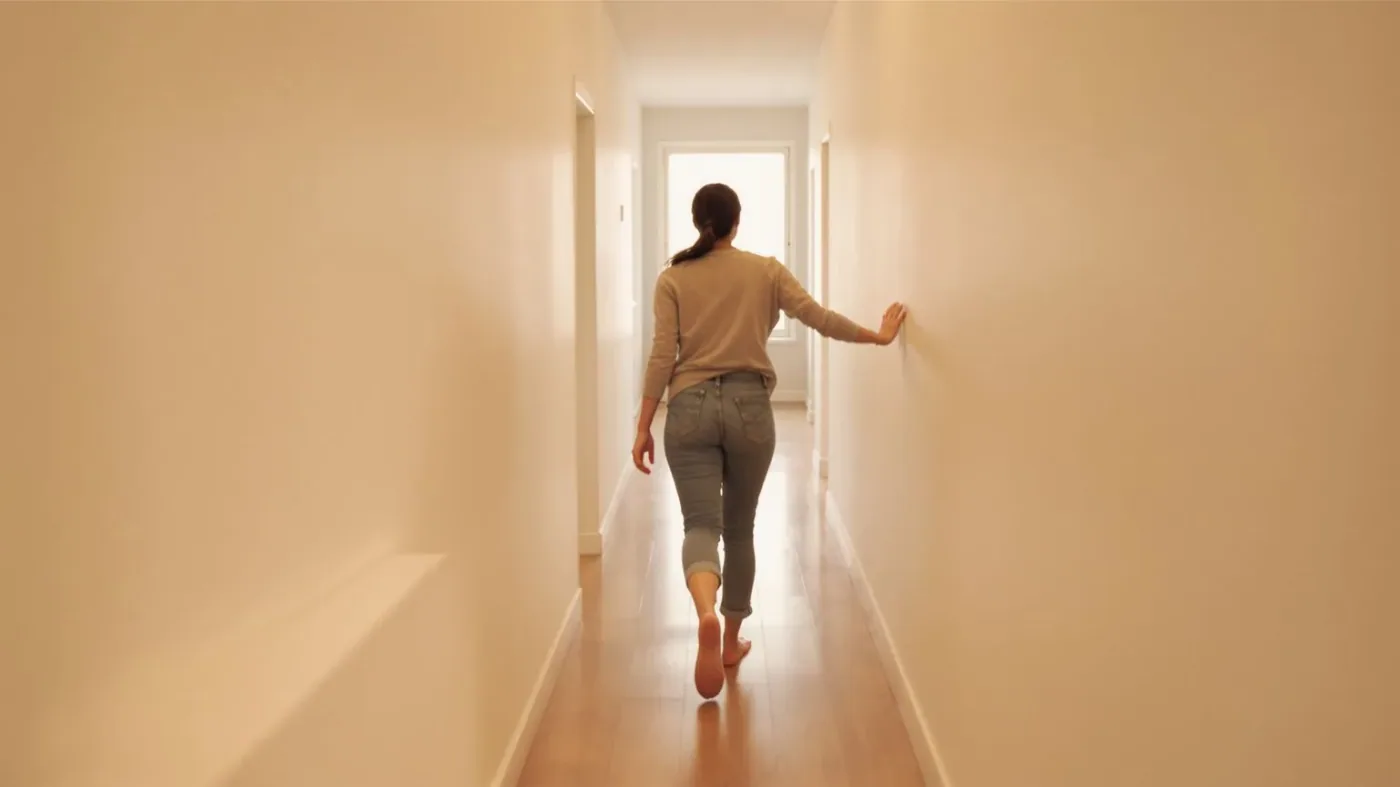 Woman walking barefoot through sunlit hallway with hand on wall reading her body map before somatic trauma release