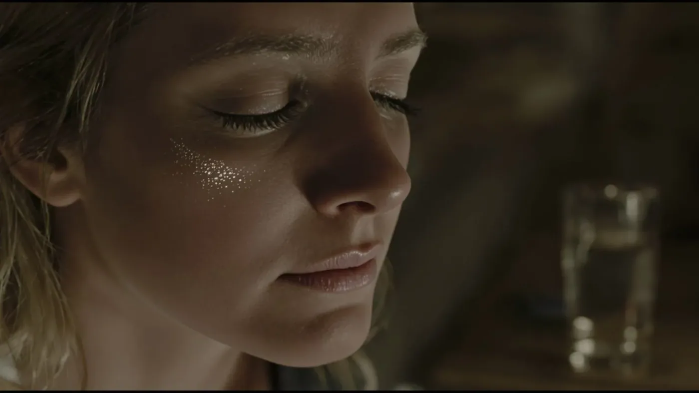 Woman with closed eyes and tear on cheek experiencing emotional release massage cry