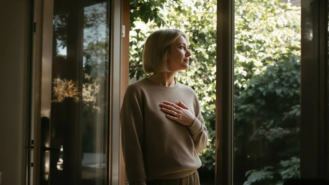 Woman with hand on chest breathing freely near open door after emotional release massage practice