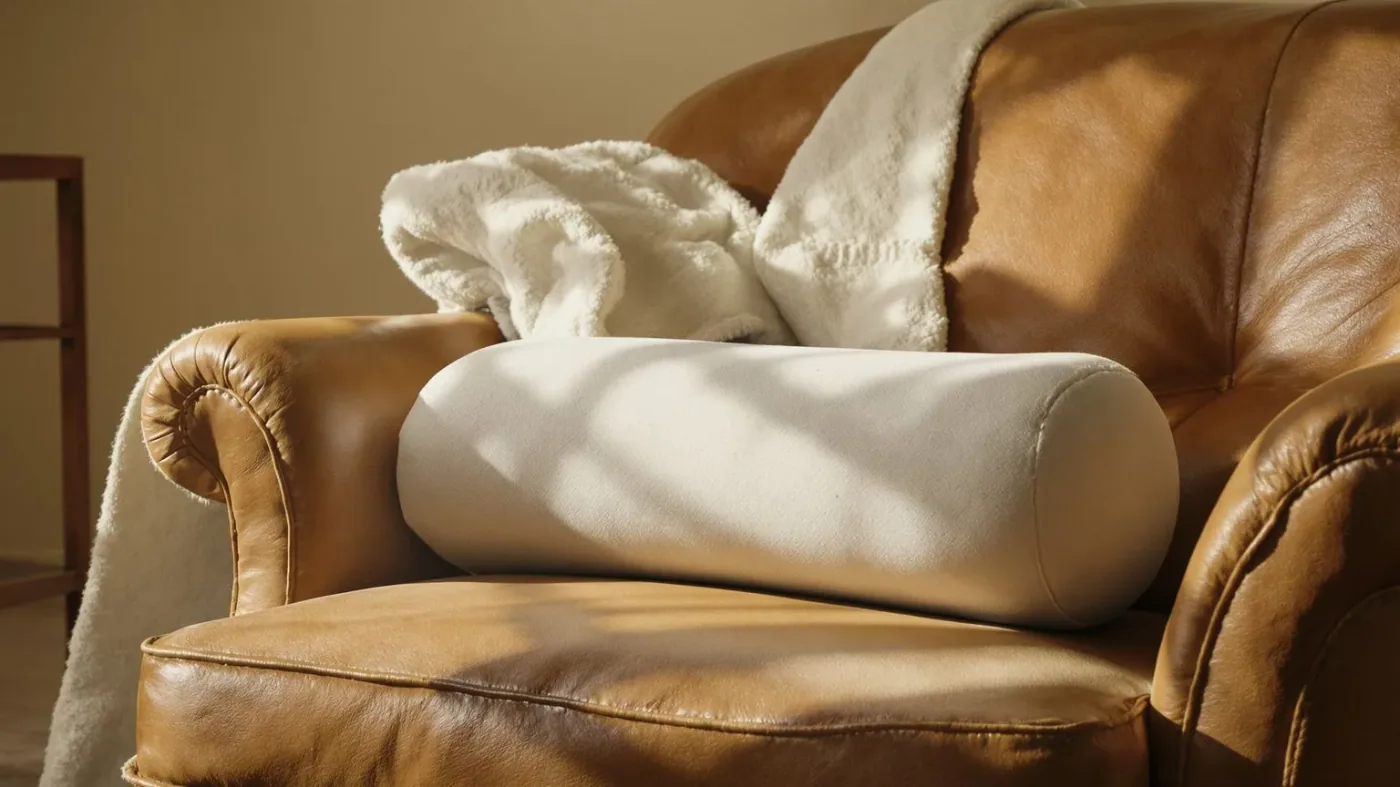 Wool blanket and bolster cushion on a leather chair offering simple body support for nervous system relief