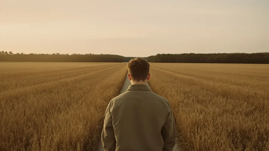 Young person standing at edge of open field facing a distant path, capturing the inner tension of imposter syndrome in college